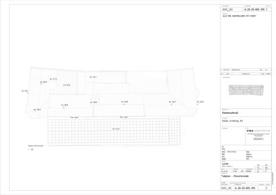 Etasjeplan (takplan) som viser romfordeling, arealer og dimensjoner for en eksisterende bygning.