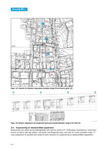 Bildet viser et kartutsnitt med bygninger, veier og terrengkonturer, samt en teknisk profil under.