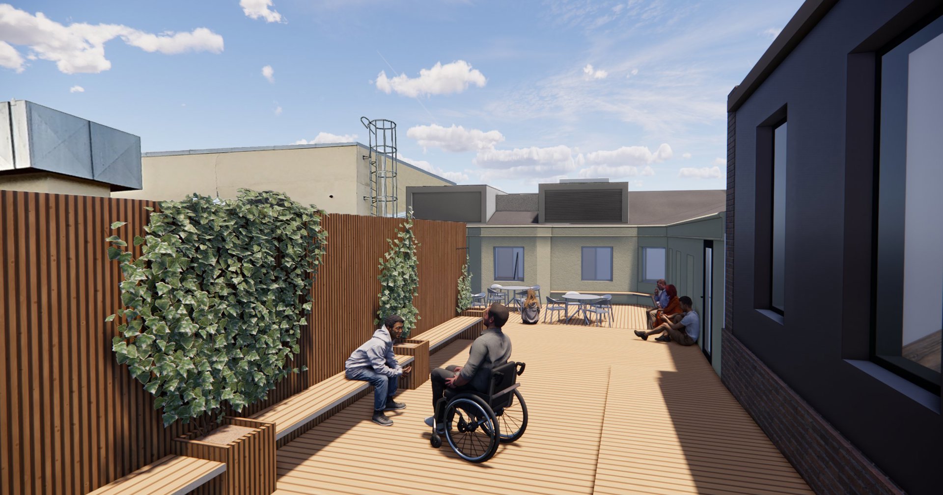 3D-visualisering av en uteplass eller terrasse med beplantning, møbler og personer, inkludert en person i rullestol.