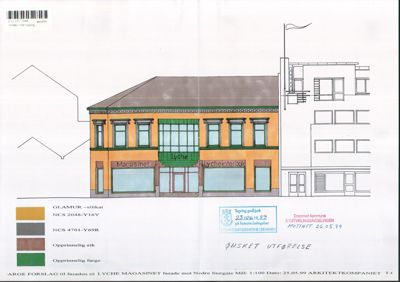 Fasadetegning med fargeprøve og detaljer for Lyches Magasin.