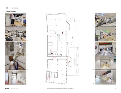 Et sammensatt bilde (collage) som viser en sentral plantegning (Plan 1 - Interiør) omgitt av ti nummererte interiørfotoer fra bygningen.