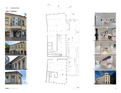 Et sammensatt bilde (collage) som viser en arkitektonisk tegning i midten, omgitt av flere eksteriørfoto av en bygning.