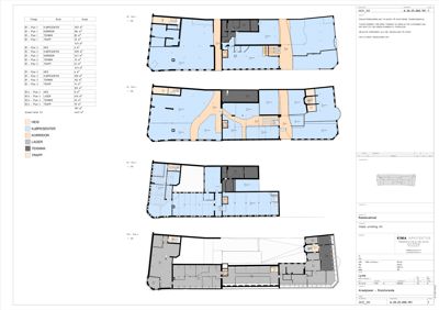 Etasjeplaner (1. etasje, 2. etasje, 3. etasje og 4. etasje) med romfordeling, arealoppdelinger og en nøkkel til fargekodet bruk (HEIS, KJØPSENTER, KORRIDOR, LAGER, TEKNIKK, TRAPP).