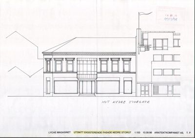 Tegning som viser utsnitt av en eksisterende fasade på Nedre Storgate.
