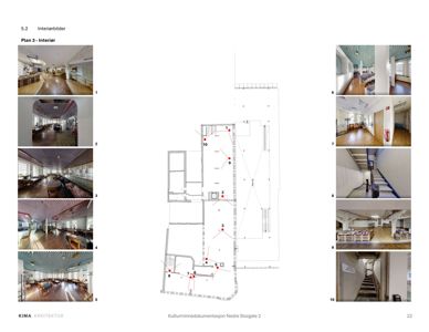 Et sammensatt bilde (collage) som viser en planlegning med nummererte punkter og tilhørende interiørfotografier av et bygg.