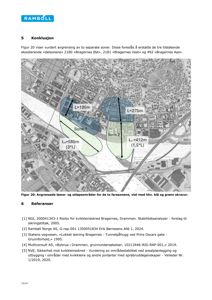 Et kart som viser avgrensede løse- og utløpsområder (soner) for kvikkleiresoner i Drammen, med overlappende soner markert med blå og grønn skravur.