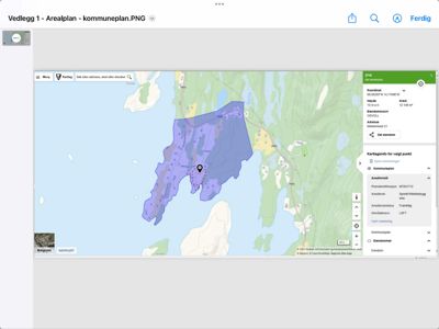 Kartvisning av et areal med kommunale planer og eiendomsdata