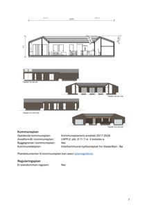 Fasadetegning med oppriss av bygning sett fra fire sider (nord-øst, nord-vest, sør-øst, sør-vest) og en snittegning øverst.