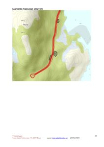 Kart over et terrengområde (Tituva) med en rød linje som viser en vei eller trasé, og markerte massetak.