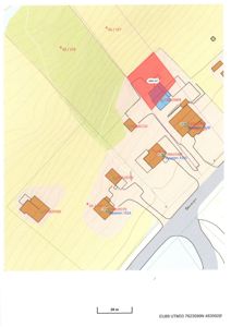 Situasjonsplan som viser tomtens beliggenhet i forhold til nabolag, Beveien, høydemålinger og arealoppdelinger.