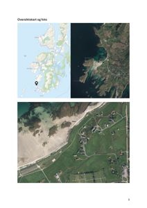 Bildet viser en side med oversiktskart (kart over øyene) og satellittbilder (foto) av et lokalt område med en markert plassering.