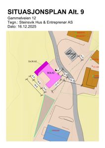 Situasjonsplan (Alt. 9) som viser plassering av bolig og garasje på tomten ved Gammelveien 12, med angitte mål og arealer.