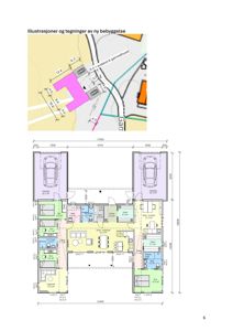 Bildet viser en situasjonsplan (øverst) og en detaljert etasjeplan (nederst) for en ny bebyggelse, inkludert romfordeling, mål og funksjoner.