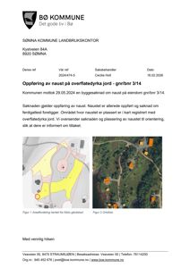 Et dokument fra Bø kommune som viser en arealplan (Figur 1) og et ortofoto (Figur 2) for å orientere om plassering av et naust.