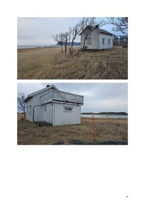 Fotografier av en liten, hvit, trehusbygning på et kyststed. Bildene viser bygningen fra ulike vinkler og i ulike lysforhold.