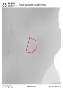 Kart med topografiske kurver som viser terrengform, med et rødt polygon som markerer et valgt område. Kartet har en skala og kildehenvisning.