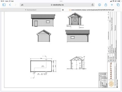 Fasadetegning som viser bygningens utsyn fra fire ulike vinkler (front, side, og to perspektiver).