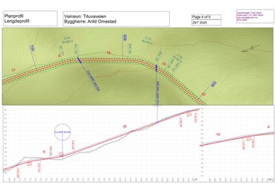 Planprofil og lengdeprofil for en vei (Tituaveien) med høydemålinger og kurveradiuser.