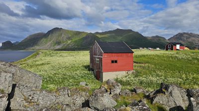 Fotografi av en rød hytte i en grønn, fjellrik landskap.