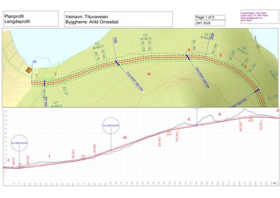 Planprofil og lengdeprofil for en vei (Tituaveien). Bildet viser terrenget sett fra oven med høydekurver, veisporet, og en grafisk profil over høydeforskjeller langs veien.