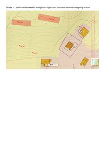 Situasjonsplan (matrikkelutsnitt) som viser tomtens beliggenhet i forhold til nabotomter, høydeforhold (konturlinjer) og bruksnummer.