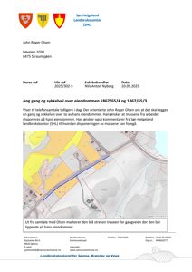 Kart som viser eiendomsgrenser, terrengforhold og en markert trase for gangvei/sykkelvei.