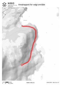 Kart over et område med høydeforhold (konturlinjer) og en markert rute (rød linje).