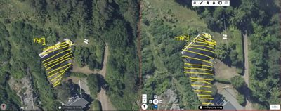 Sammensatt bilde (side-ved-side) av to ortofoto fra en karttjeneste (Map & Oblique) som viser en tomt med en bygning. Bildene er markert med gule streker og teksten 'FJELL' og 'FULL'.