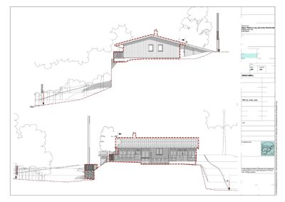 Fasadetegning som viser eksisterende og nytt tilbygg sett fra sør og vest.
