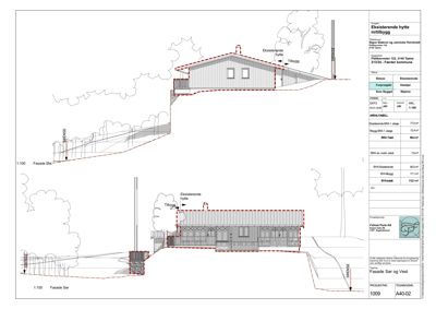 Fasadetegning som viser eksisterende og nytt tilbygg sett fra sør og vest.
