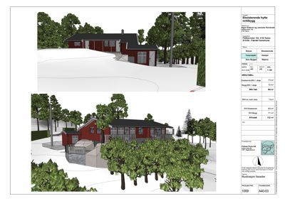 3D-visualisering (rendering) av en eksisterende hytte og et tilbygg, inkludert omgivelsene (trær, terreng).