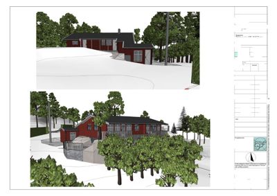 3D-visualisering (rendering) av en eksisterende hytte og et tilbygg, inkludert omgivelsene (trær, terreng).
