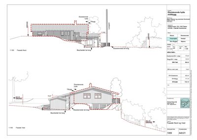 Fasadetegning som viser eksisterende og planlagt tilbygg sett fra nord og vest.