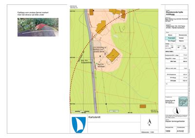 Situasjonsplan (kartutsnitt) som viser eksisterende og planlagt bebyggelse, topografi, infrastruktur og arealdata for en byggesak.