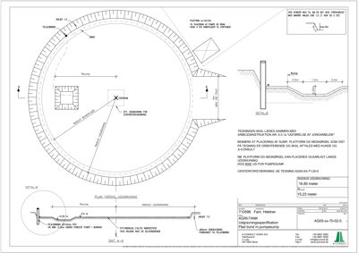 Teknisk tegning som viser detaljer for utgravning, dimensjoner og materialer for en pumpe- og sumpkonstruksjon.