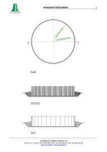 Teknisk tegning som viser et tankbunn med plan, oppstalt og snitt, inkludert målinger for bundpladeradius og bakkideradius.