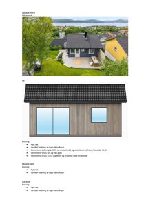 Bildet viser en sammenligning av et eksisterende hus (fotografi) og en planlagt fasadeendring (rendering).