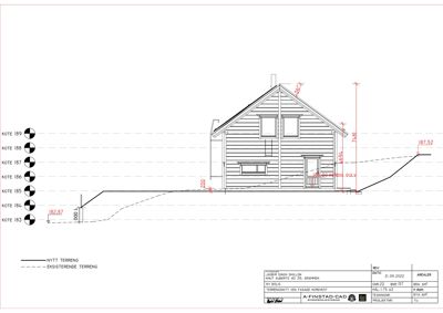 Snittegning av en hytte som viser fasade, høyder og terrengforhold.
