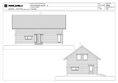 Fasadetegning av en hytte med to perspektiver (fra siden og fra fronten).