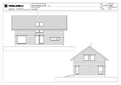Fasadetegning av en hytte med to perspektiver (fra front og side).