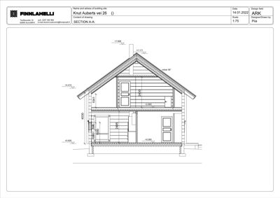 Snittegning (SECTION A-A) av en bygning som viser romfordeling, høyder og takkonstruksjon.