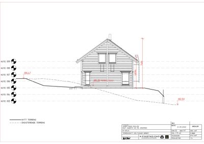 Tverrsnitttegning (snitt) av en bygning sett fra siden, som viser høydeforskjeller og terrengforhold.
