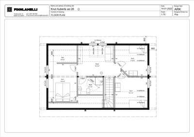 Etasjeplan (FLOOR PLAN) som viser romfordeling, veggtykkelse og dimensjoner for en bolig.