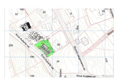 Situasjonsplan som viser tomtens form, høydeforhold (konturlinjer), naboeiendommer og veinett.