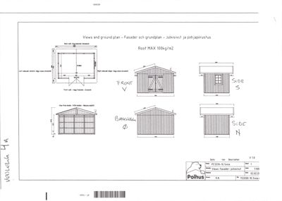 Fasadetegning (opprikk) av en bygning, inkludert front, side og bakvegg, samt et grunnplan.