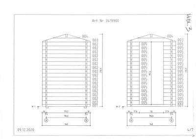 Fasadetegning som viser fronten på en bygning sett fra utsiden, med mål og konstruksjonsdetaljer.