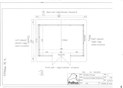 Etasjeplan (Ground plan) for en Polhus-modell (FE3330-16 Svea) med angitte mål på veggene og rommet.