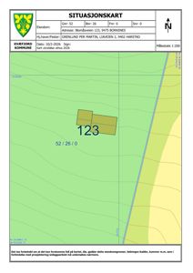 Situasjonskart som viser eiendomsnummer 52/26/0 med adresse Blomåsv. 123, Borkenes. Kartet viser eiendomsområde, topografi og nabolagsgrenser.