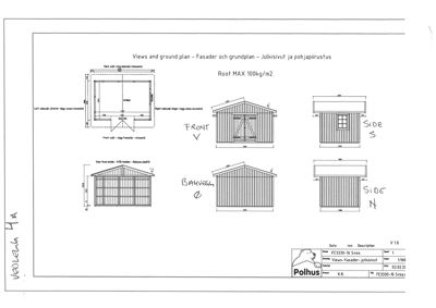 Fasadetegning som viser front-, side- og bakvegg for en hytte, inkludert mål og detaljer.