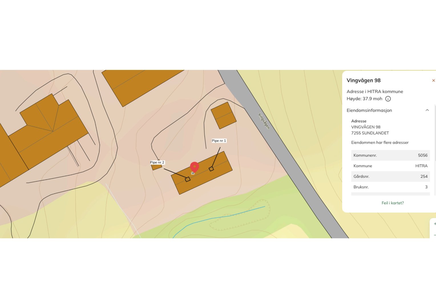 Kartvisning av eiendom med eiendomsinformasjon og adresse i Hitra kommune.